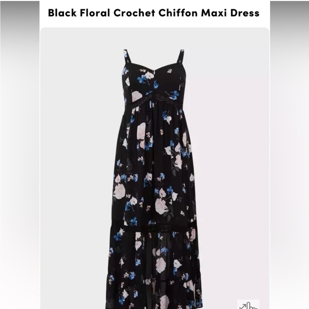 TORRID Black Floral Crochet Chiffon Tiered Maxi Dress Boho Babydoll Womens 1X - Picture 3 of 11
